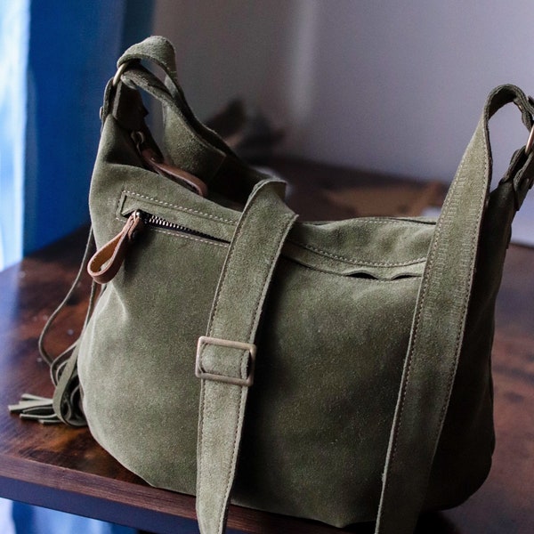 Soft suede bag crossbody, olive moss suede leather bag, Medium size hobo bag, suede crossbody bag Demilune