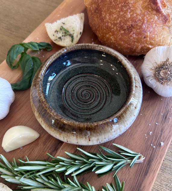 Hand Thrown Pottery Garlic Grater from the Mountains of North Carolina, Olive Glaze, Olive Oil Herb Dipping Bowl, Ceramic, Kitchen, Gift