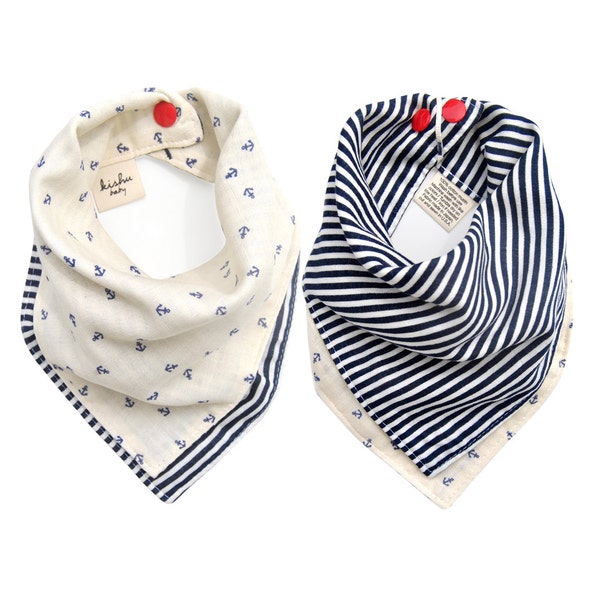 Nautical Bandana Bib, Reversible Dribble Bib with Anchors and Stripes, Super Soft 100% Cotton Muslin, One Size Adjustable with Snaps