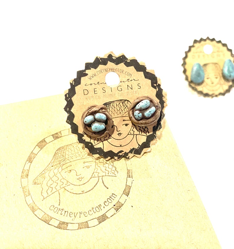 Bird nest stud earrings made from polymer YOU CHOOSE pale blue or yellow eggs