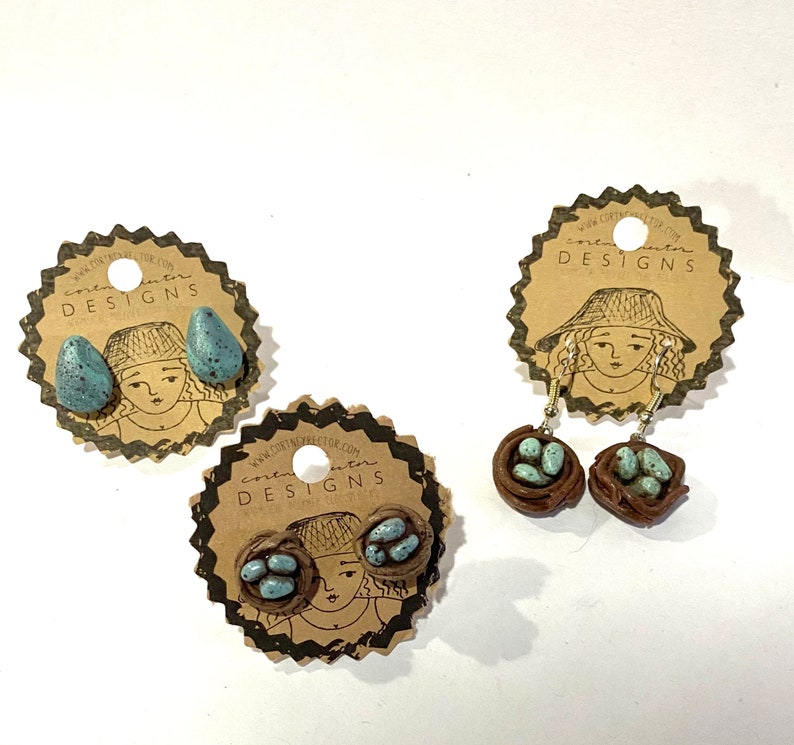 Bird nest stud earrings made from polymer YOU CHOOSE pale blue or yellow eggs
