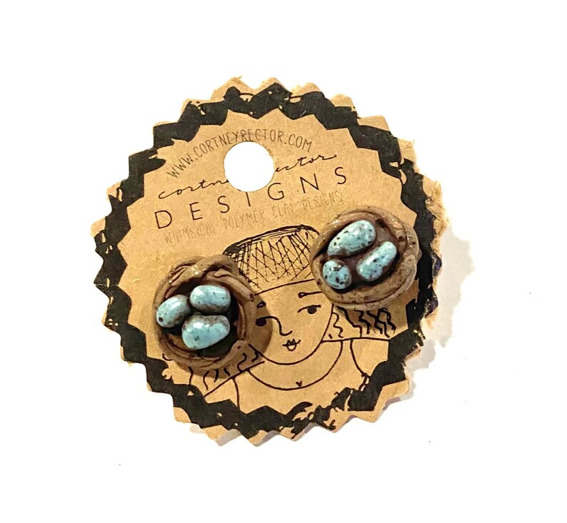 Bird nest stud earrings made from polymer YOU CHOOSE pale blue or yellow eggs