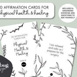May include: A set of 20 affirmation cards for physical health and healing. The cards feature black and white illustrations of leaves and branches. The text on the cards is in black and reads "20 Affirmation Cards for Physical Health & Healing". The text also includes "I am relaxed and calm as I prepare for this surgery".