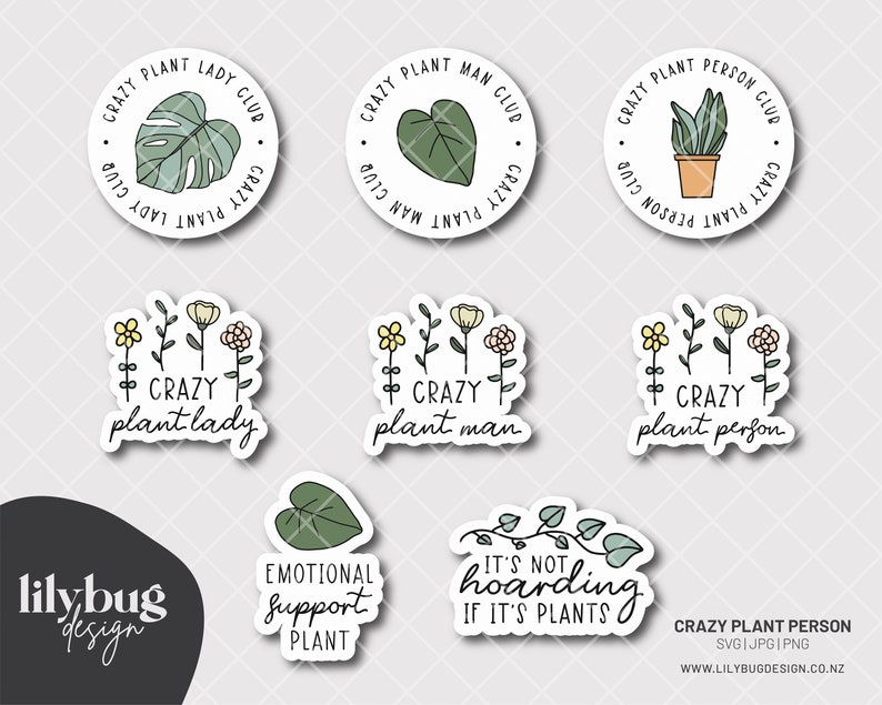 May include: A set of nine digital stickers featuring illustrations of plants and text related to plant lovers. The stickers include a monstera leaf, a heart-shaped leaf, a potted succulent, a bouquet of flowers, and text that says "Crazy Plant Lady Club", "Crazy Plant Man Club", "Crazy Plant Person Club", "Crazy Plant Lady", "Crazy Plant Man", "Crazy Plant Person", "Emotional Support Plant", and "It's Not Hoarding If It's Plants".
