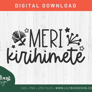 May include: Black and white graphic design with the text "Merry Kirihimete" on a white wood background. The design includes stylized Christmas trees and stars.