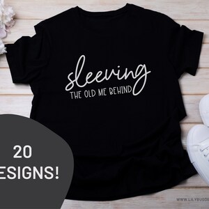 May include: Black t-shirt with white text that reads "Sleeping the old me behind".