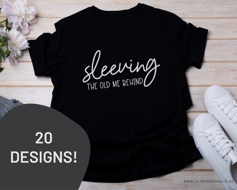 May include: Black t-shirt with white text that reads "Sleeping the old me behind".
