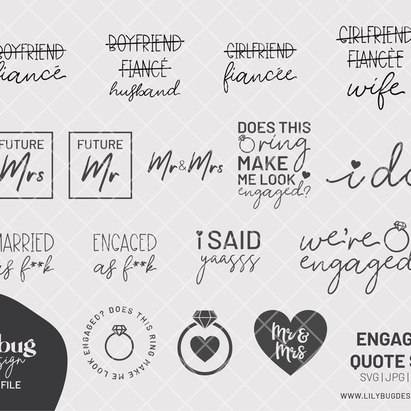 Engaged Wife Married Fiance Fiancee Ring Designs Digital Download - JPG PNG SVG Files plus Print and Cut Files or Printable Stickers