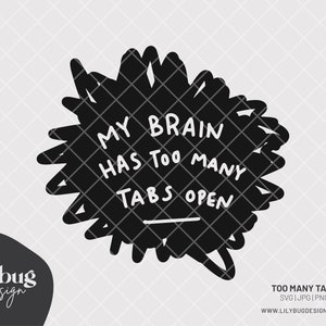 May include: Black and white graphic design with a white background. The graphic is a black splatter with the text "MY BRAIN HAS TOO MANY TABS OPEN" in white.