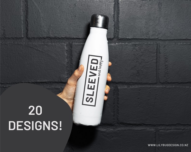 May include: White stainless steel water bottle with a black and white design that says "Sleeved and happy".