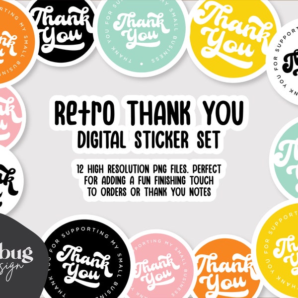 Small Business Retro Thank You Stickers Printables DIY High Resolution PNG Files Rainbow Colorful 12 Labels Digital Sticker Set