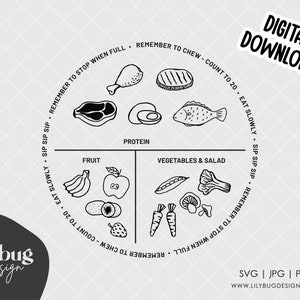 May include: Black and white line art illustration of a plate with different food groups. The plate is divided into four sections: fruit, protein, vegetables & salad. The illustration includes text that says "Remember to stop when full. Remember to chew. Count to 20. Eat slowly. Sip sip sip. Remember to stop when full. Remember to chew. Count to 20. Eat slowly. Sip sip sip."