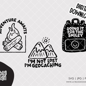 Geocaching Adventure SVG PNG Clipart, Mountains, Campfire (Digital Download)