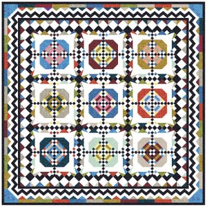 Può includere: Una trapunta quadrata con una griglia di nove blocchi ottagonali in vari colori, tra cui blu, rosso, giallo e verde. Ogni blocco è circondato da tessuto bianco e separato da un motivo a scacchi bianco e nero con un bordo a zigzag.