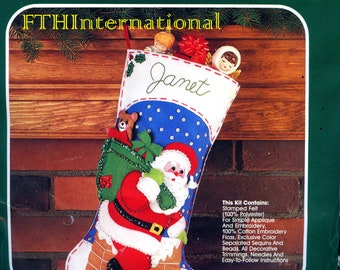 Bucilla Down The Chimney ~ 18" Felt Christmas Stocking Kit #32458, Santa, Toy Bag, DIY