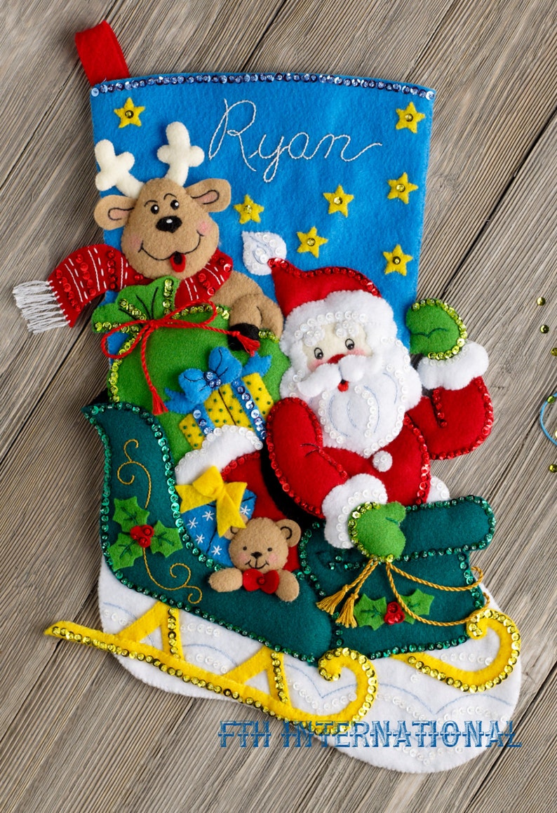Bucilla Santa's Helper 18 Felt Christmas Stocking Kit 86706 Reindeer, Sleigh DIY image 1
