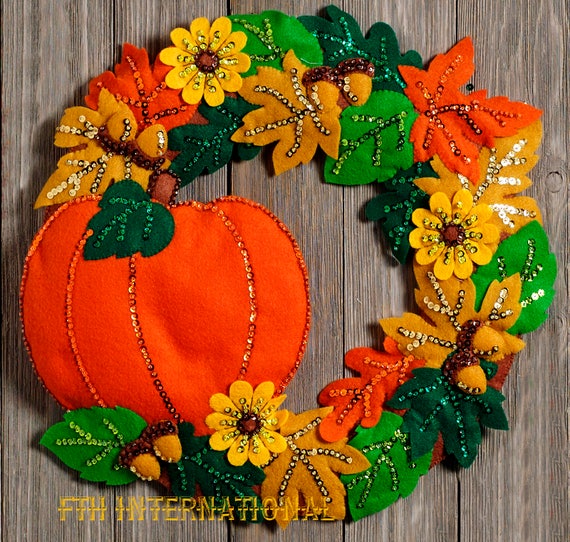 Fall Wreath Bucilla Felt Home Decor Kit 86831, Pumpkin, Acorns, Oak Leaves  