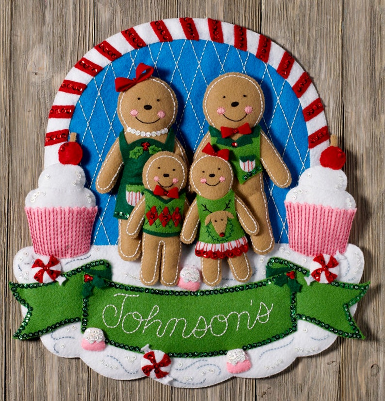 Bucilla Gingerbread Family Felt Christmas Wall Hanging Kit 86835 Man Cupcakes image 2