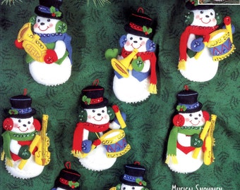 Bucilla Musical Snowmen ~ 8 Pce Felt Christmas Ornament Kit #83409, Drums Horns DIY