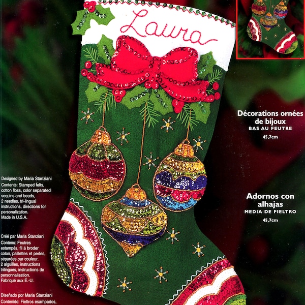 Bucilla Jeweled Ornaments ~ 18" Felt Christmas Stocking Kit #84949, Glitz, Glitter, Sparkle DIY