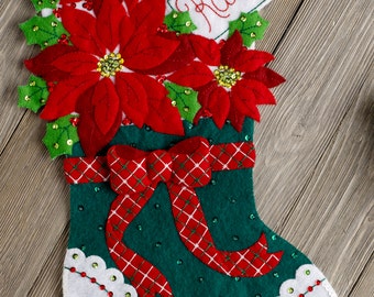 Bucilla Christmas Poinsettia ~ 18" Felt Stocking Kit #86705 Flowers Green, Red DIY