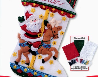 Bucilla Carousel Santa ~ 18" Felt Christmas Stocking Kit #86934, Reindeer, Stars DIY