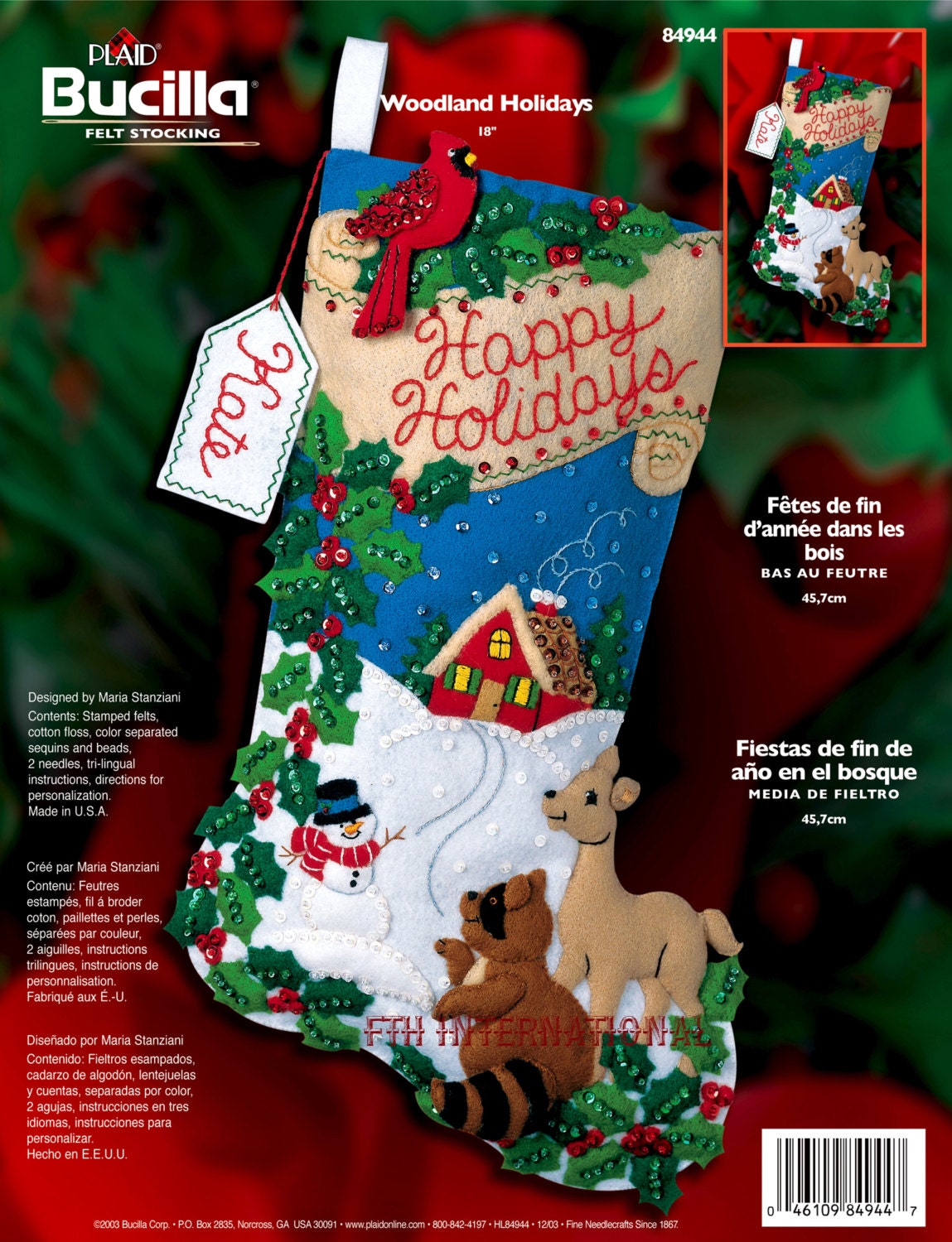 85174 Bucilla Felt Christmas Stocking KIT: Teddy with Ornaments Size:  45.7cm Made in USA Kit Includes: Stamped Felts, Cotton Floss, Metallic  Thread, Colour Separated Sequins and Beads, 2 needles, tri-lingual  Instructions, directions