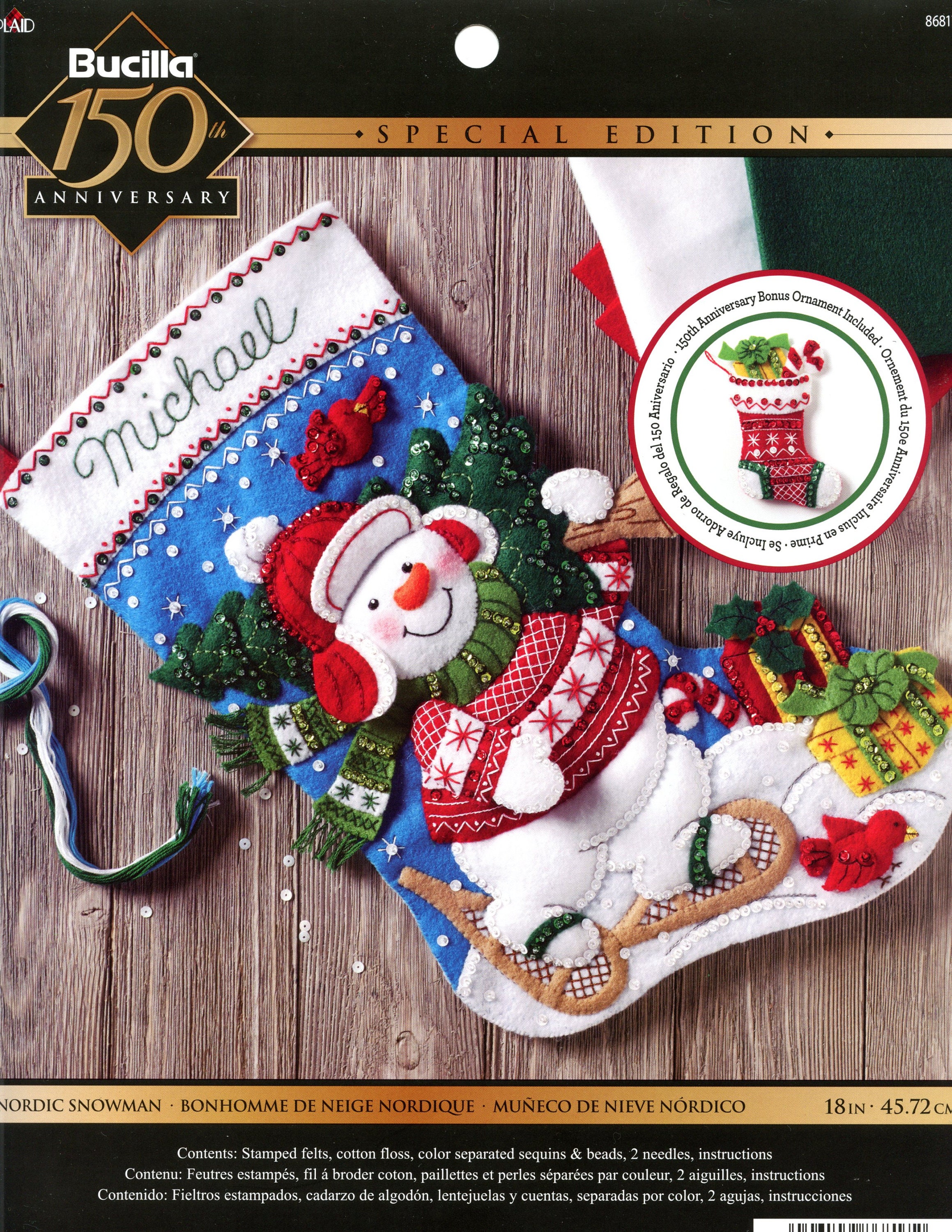 85174 Bucilla Felt Christmas Stocking KIT: Teddy with Ornaments Size:  45.7cm Made in USA Kit Includes: Stamped Felts, Cotton Floss, Metallic  Thread, Colour Separated Sequins and Beads, 2 needles, tri-lingual  Instructions, directions