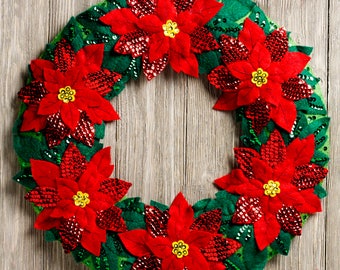 Bucilla Poinsettia Wreath ~ Felt Christmas Home Decor Kit #86827 Flowers, Leaves