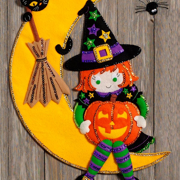 Witching Moon ~ Bucilla Felt Halloween Wall Hanging Kit #86829, Witch Cat Spider