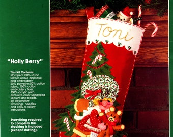 Bucilla Holly Berry ~ 18" Felt Christmas Stocking Kit #32422, Hobbie, Cat, Teddy, DIY