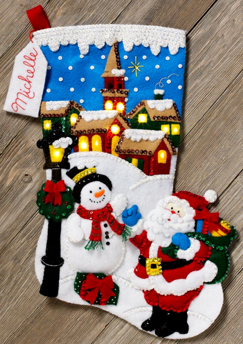 Bucilla Christmas Village 18 Felt Stocking Kit 86818 Real Lights, Santa, Frosty DIY image 2