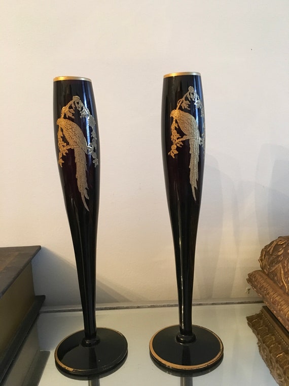 Vintage Pair Of Glass Slim Vases Etsy