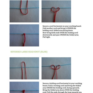 Puede incluir: Diagrama que muestra c&oacute;mo atar un nudo de cabeza de alondra y un nudo de cabeza de alondra invertido. El diagrama utiliza cordones rojos y azules para ilustrar los pasos.