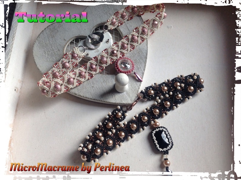 May include: Two beaded necklaces, one pink and white with silver beads, and one black with gold and white beads. The necklaces are on a white heart-shaped surface. The text "Tutorial" is in the top left corner of the image. The text "MicroMacrame by Perlinea" is in the bottom left corner of the image.