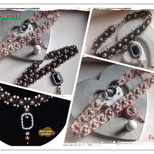May include: A tutorial for making beaded necklaces with black, white and pink beads. The image shows three different necklaces, each with a unique design. The text "Tutorial" and "Basic knots included" are visible in the image.