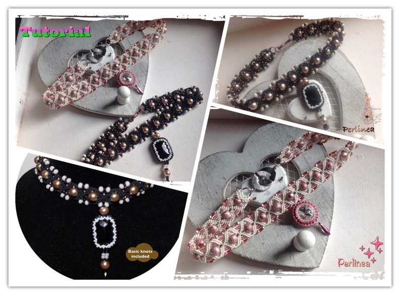 May include: A tutorial for making beaded necklaces with black, white and pink beads. The image shows three different necklaces, each with a unique design. The text "Tutorial" and "Basic knots included" are visible in the image.
