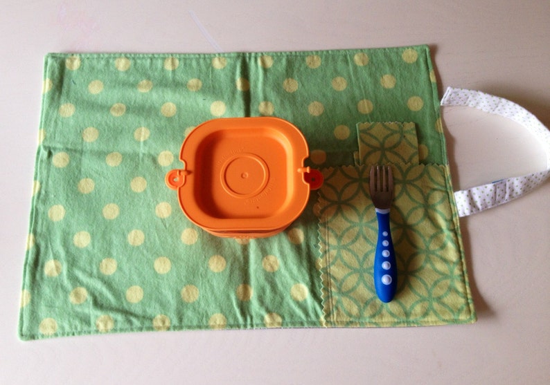 Lunch mat placemat great for travel /& lunchbox green yellow lime table cloth with napkin and silverware holder