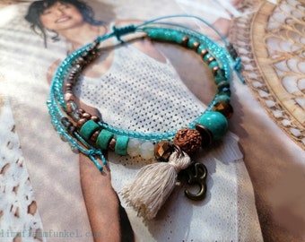 Friendship Bracelet Boho Style Yoga Copper Turquoise Double Row Gift for Girlfriend Women