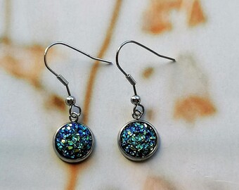 Small Earrings Sky Glitter Blue Turquoise/Silver Gift for Girlfriend 10 mm Valentine's Day