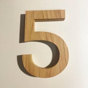 May include: A wooden number 5, made from light-coloured wood. The numeral is three-dimensional, casting a shadow on the white background. The wood grain is visible, adding texture to the number.