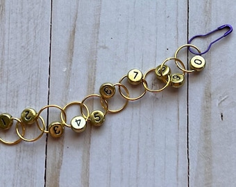 Row Counting Chain Stitch Marker - gold beads and rings.