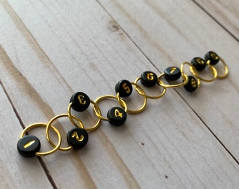Row Counting Chain Stitch Marker - black beads with gold numbers and gold rings