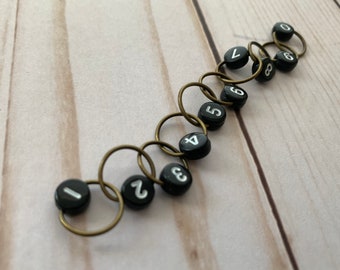 Row Counting Chain Stitch Marker - black beads with antique bronze rings