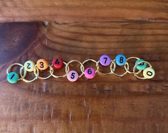 Row Counting Stitch Marker - Rainbow with black numbers and Gold Rings