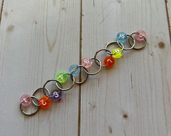 Row Counting Stitch Marker - Transparent Rainbow with Silver Rings