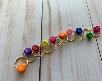 Row Counting Chain Stitch Marker - rainbow with gold rings