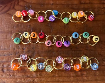 NEW - Rainbow Multi Project Pack.  3 Rainbow Row Counting Chain Stitch Markers with Gold Rings.