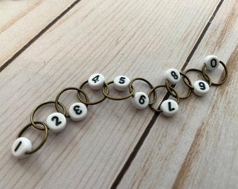 SALE - Row Counting Chain Stitch Marker - white beads with antique bronze rings