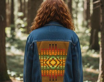 Oversized grote, gloednieuwe Kensie-jeansjas met vintage quilt - boho-chic denim,